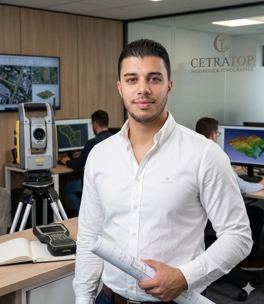 Mehdi EL ALLAMY dans le bureau du cabinet CETRATOP, équipement topographique et plans techniques en arrière-plan