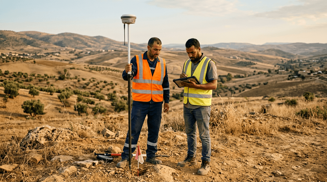 Technicien en reconnaissance terrain avec récepteur GNSS RTK
