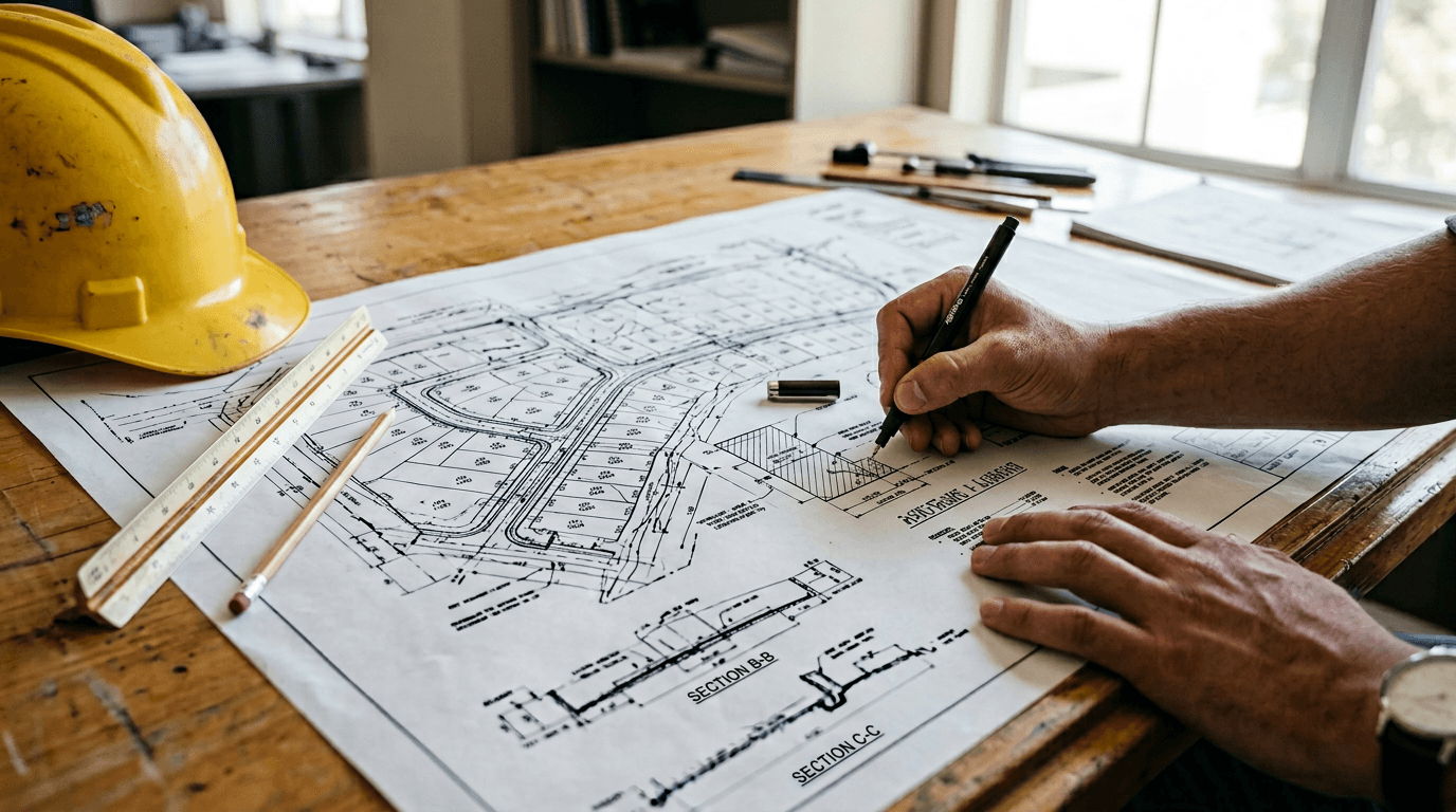 Ingénieur consultant un plan d'exécution technique déployé sur une table de bureau lumineuse