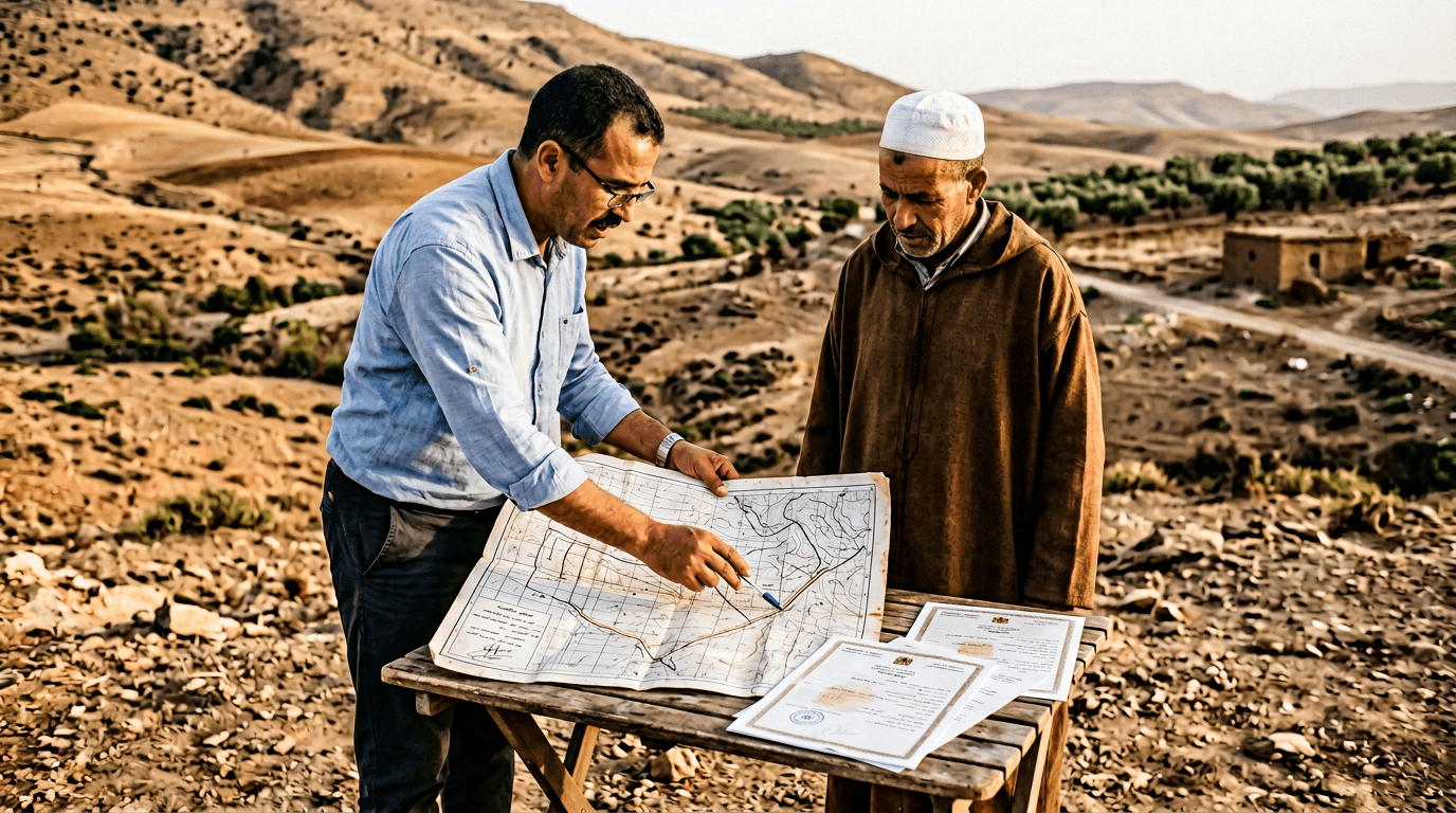 Ingénieur géomètre consultant des documents fonciers avec un client sur un terrain à expertiser