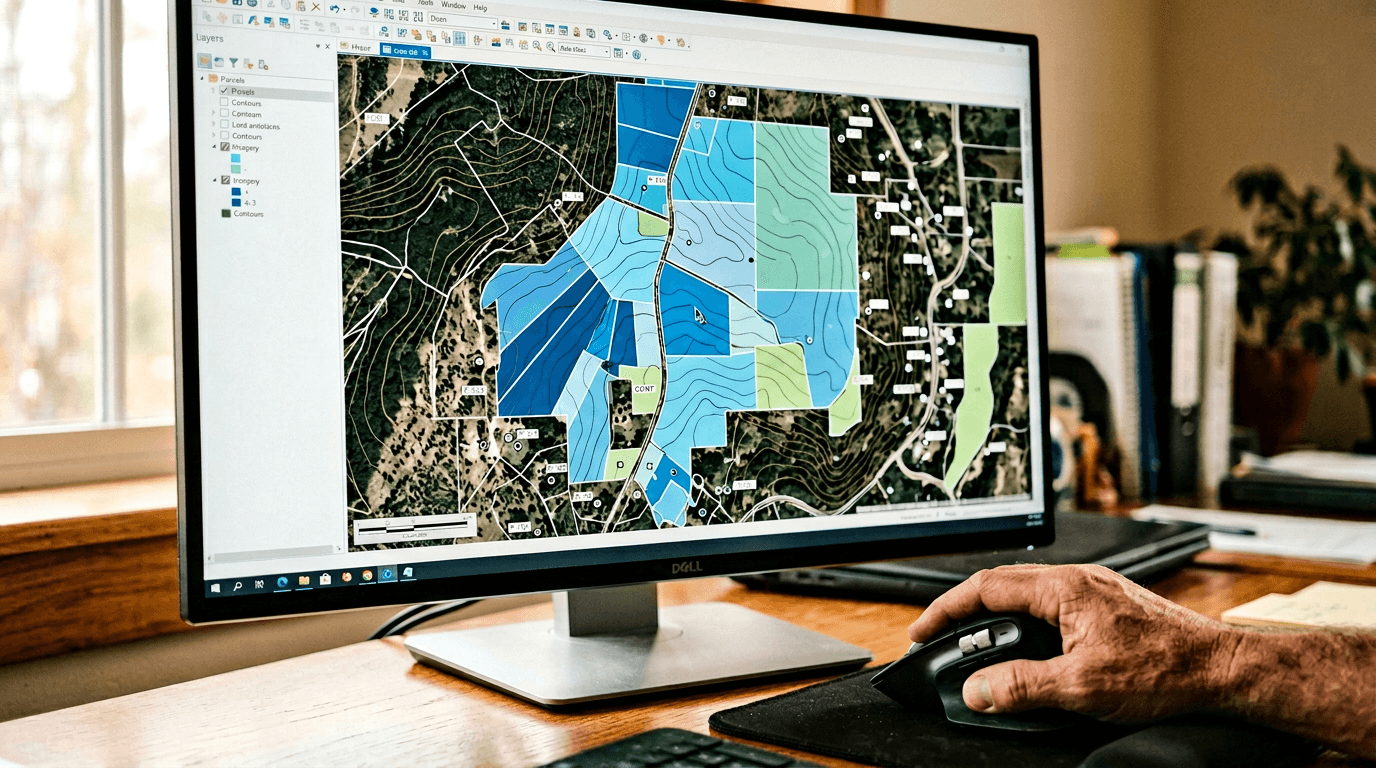 Écran affichant une cartographie SIG détaillée avec couches thématiques en cours d'édition