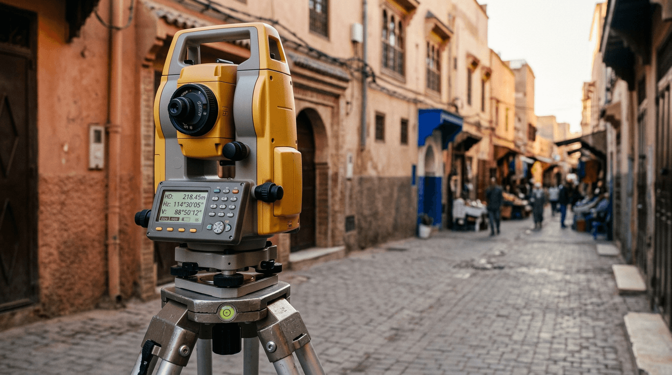 Gros plan sur une station totale robotisée en cours d'utilisation lors d'un levé topographique urbain